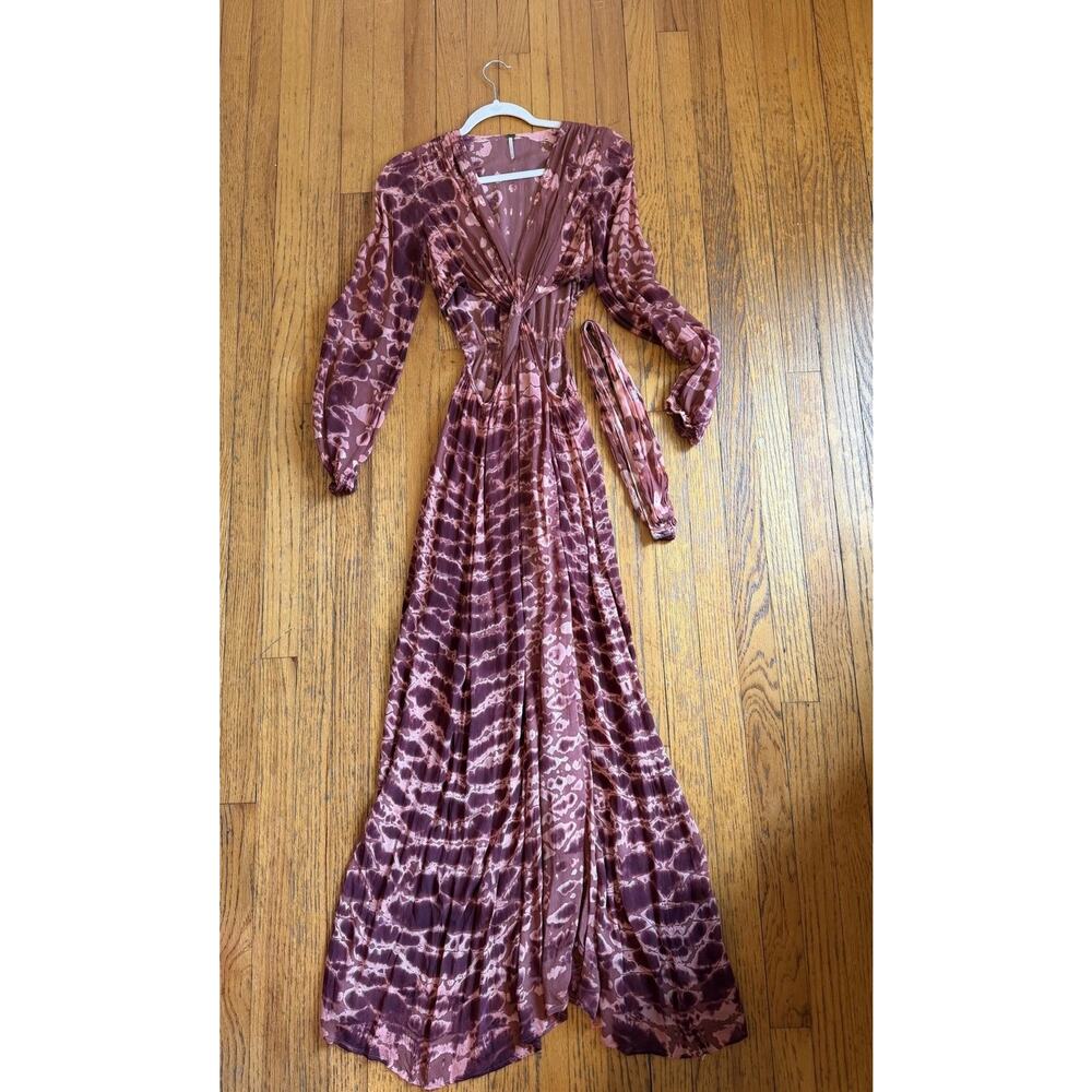 YFB Dress Womens XS Mauve Tie Dye Maxi Balloon Sleeve Cutout Wrap Boho Festival
